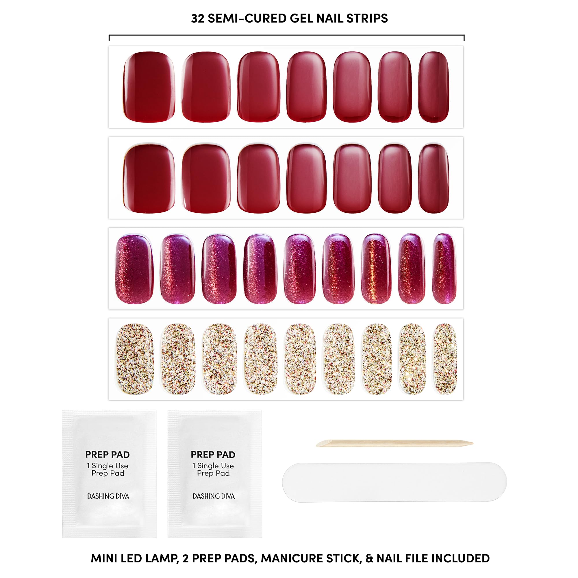 Dashing Diva Glaze Kit - By The Fire Place - Long Lasting, Chip Resistant, Semi-Cured Gel Nail Strips - 5-Piece Manicure Set with 32 Strips and Mini LED Lamp - Image 3