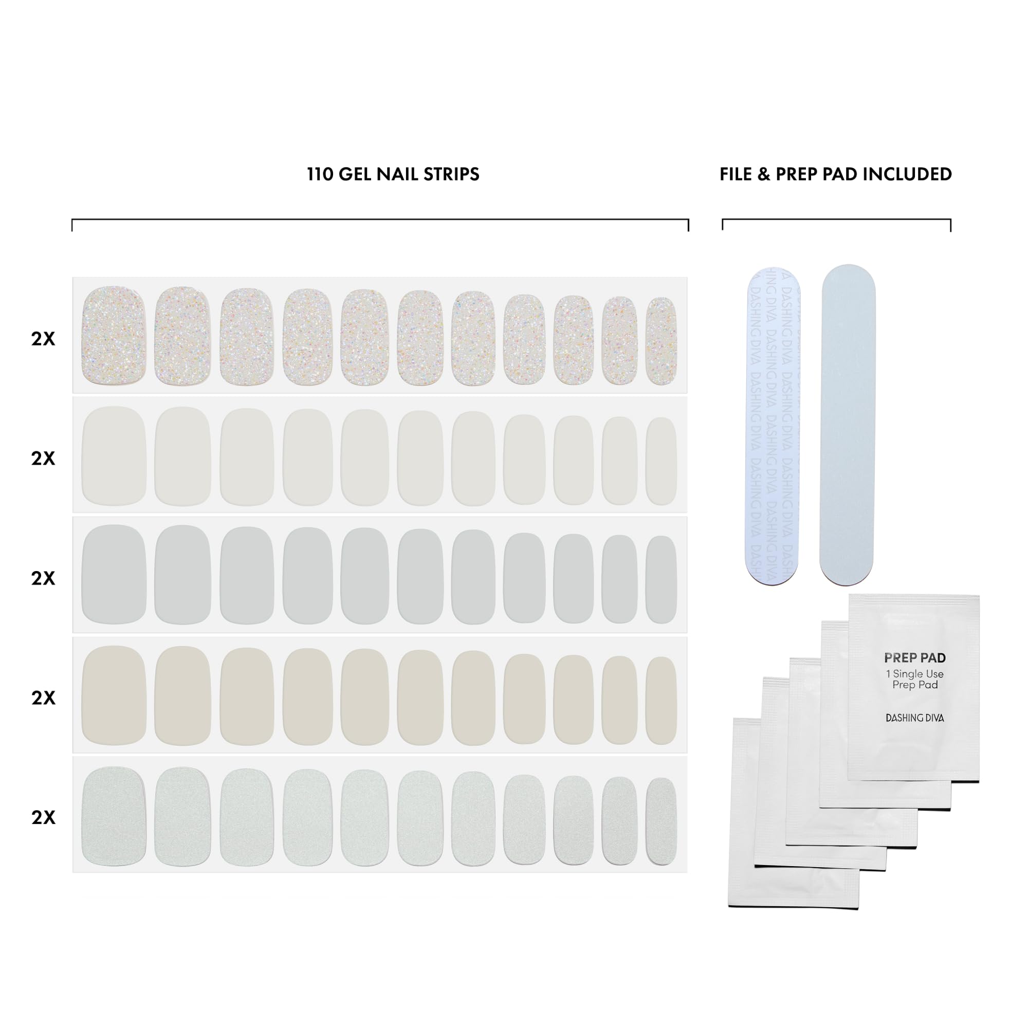 Dashing Diva Gloss Nail Strips 5-in-1 Kit - Best of Blancs - UV Free, Chip Resistant, Long Lasting Gel Nail Stickers - Contains 110 wraps, 5 prep pads, 2 nail files - Image 3