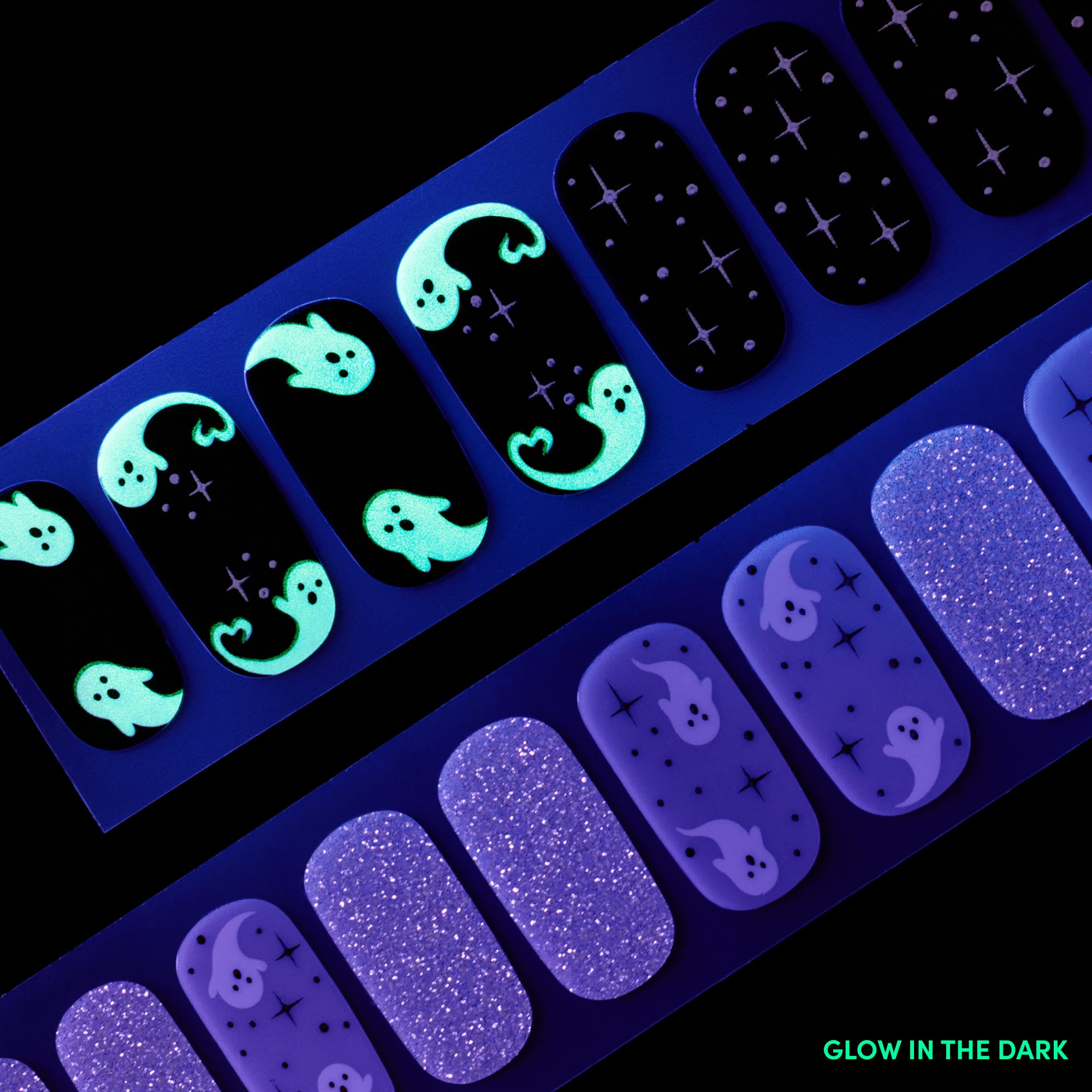 Dashing Diva Gloss Nail Strips - Ghostly Touch - UV Free, Chip Resistant, Long Lasting Gel Nail Stickers - 3-Piece Glow-In-The-Dark Manicure Set - Contains 32 Wraps, 1 Prep Pad, 1 File - Image 6