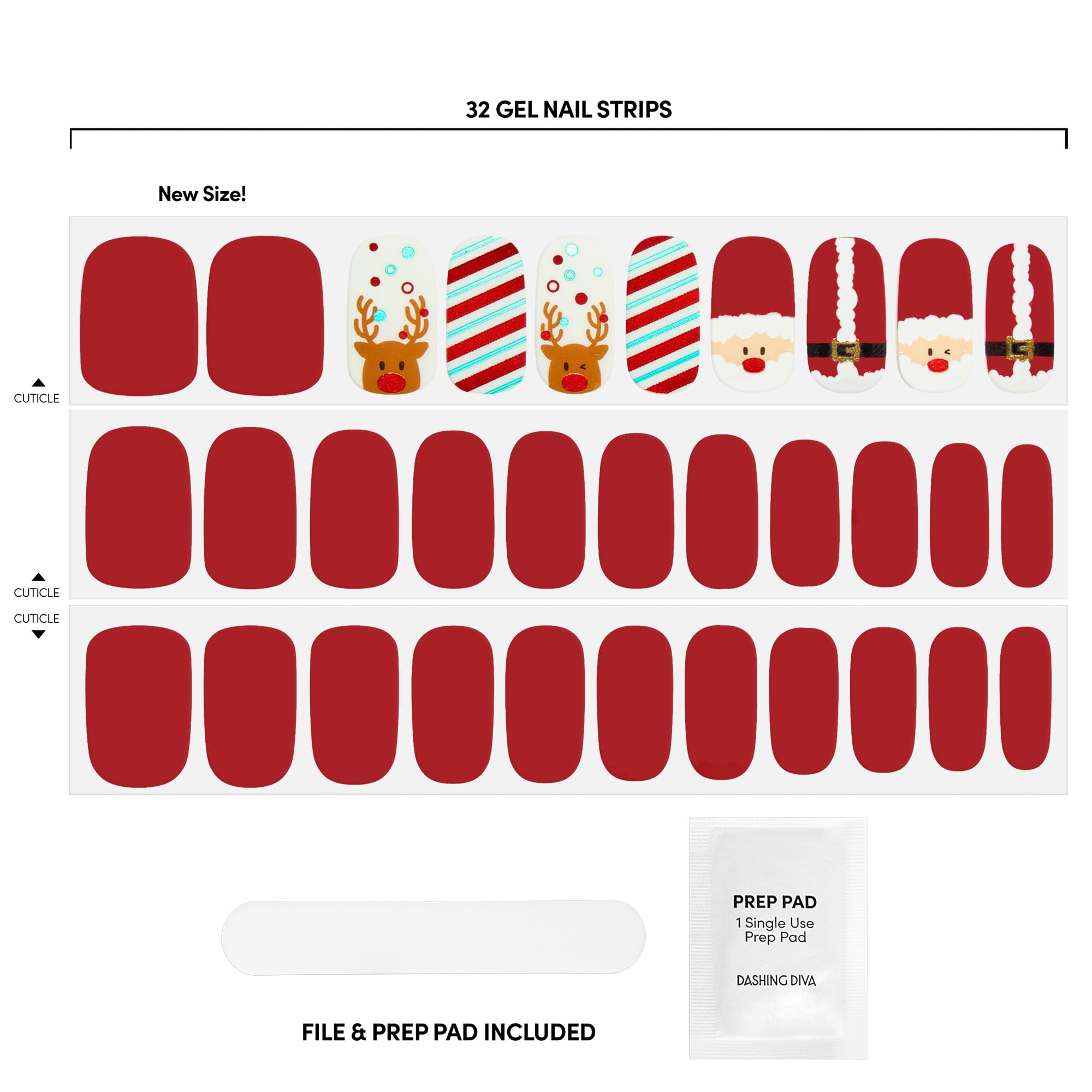 Dashing Diva Gloss Nail Strips - Santa's Helper - UV Free, Chip Resistant, Long Lasting Gel Nail Stickers - 3-Piece Manicure Set - Contains 32 Wraps, 1 Prep Pad, 1 File - Image 3