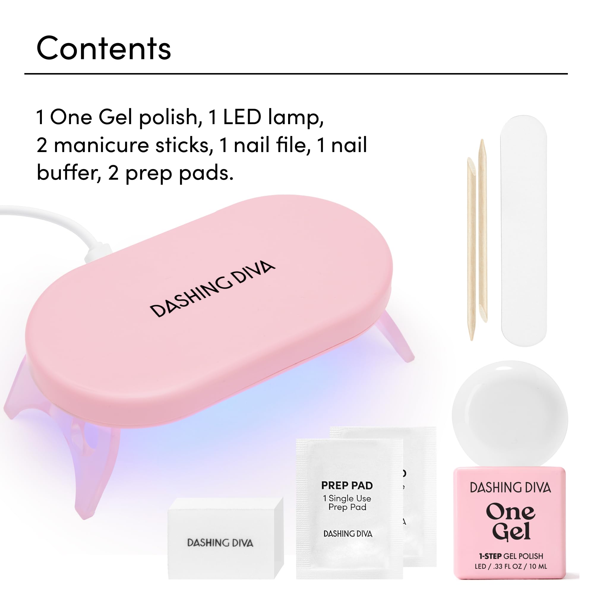 Dashing Diva One Gel Color Starter Kit - Daikon - 3-in-1 Base Coat, White Nail Color & Top Coat - 8-Piece Manicure Set with LED Gel Nail Lamp - Image 5